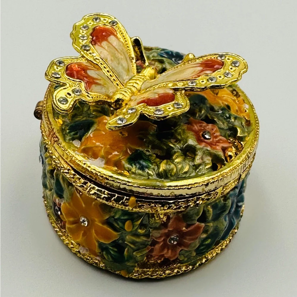 Gold & Multicolored Oval Butterfly & Flowers Rhinestone Trinket Jewelry Box
